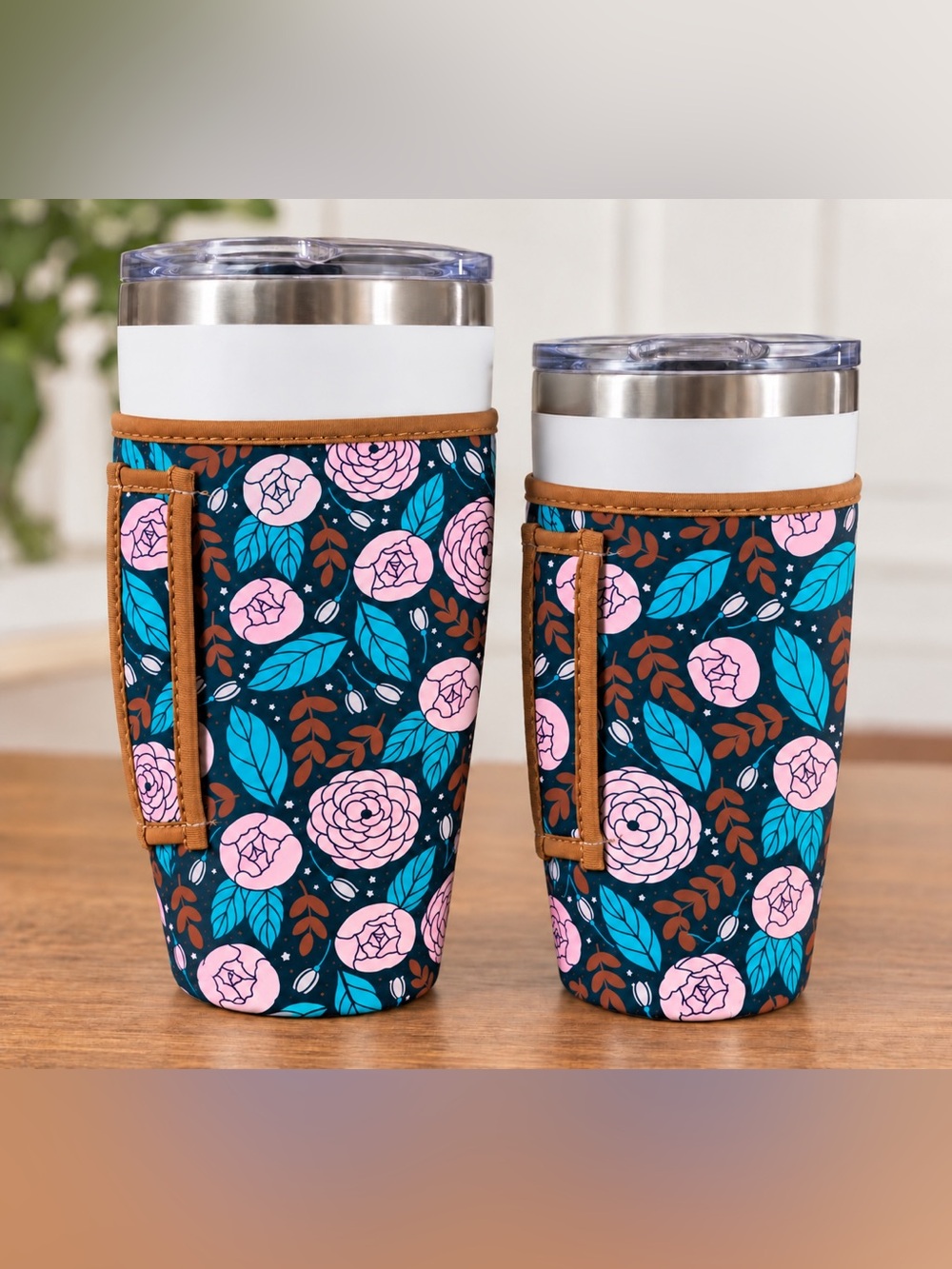 Reusable Neoprene Insulator Cup Sleeves Cold Hot Drink set 2 pink rose pattern